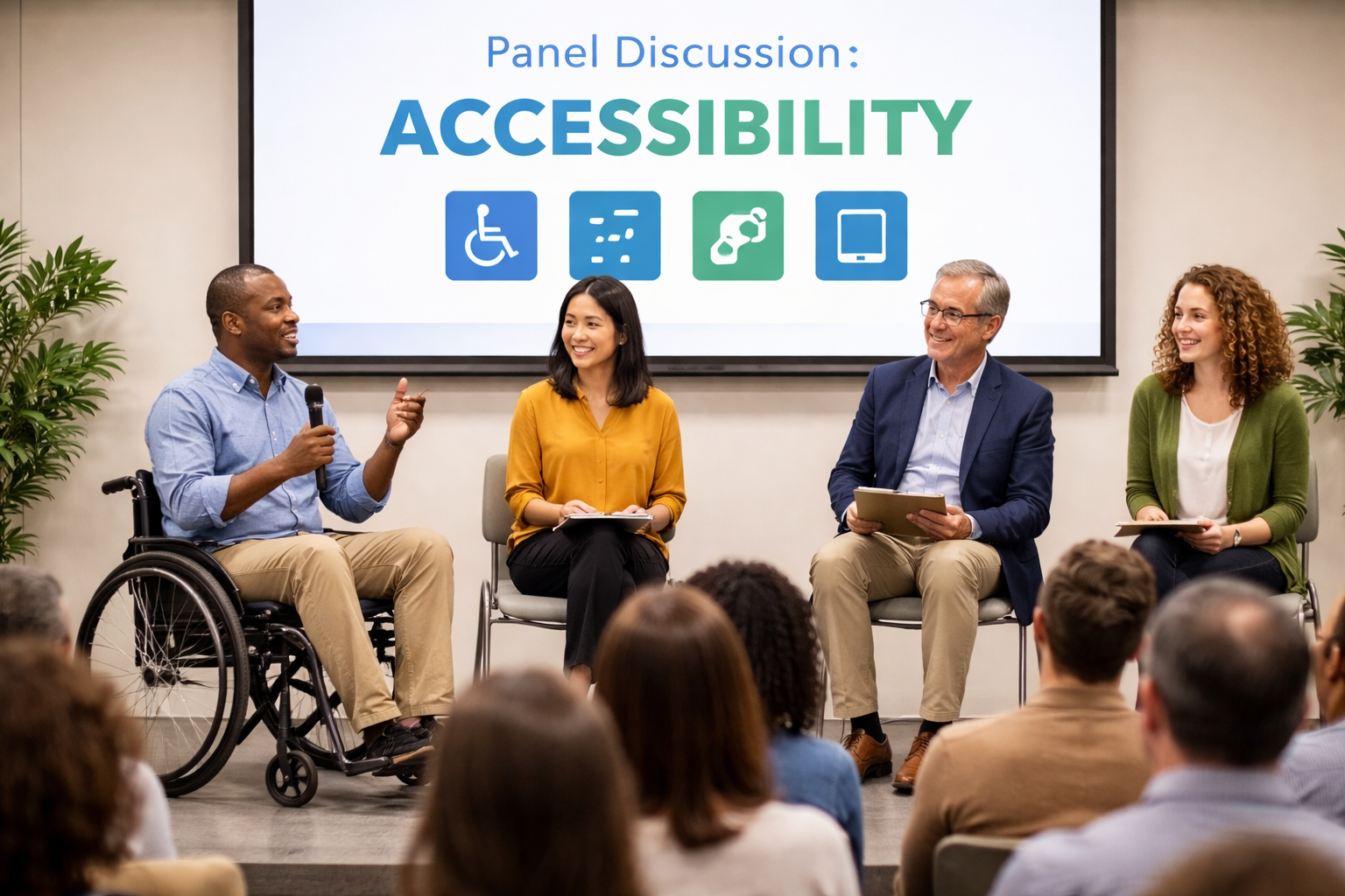 Stock image of a diverse panel of four speakers, sitting on stage in front of presentation slides that read Panel Discussion: Accessibility